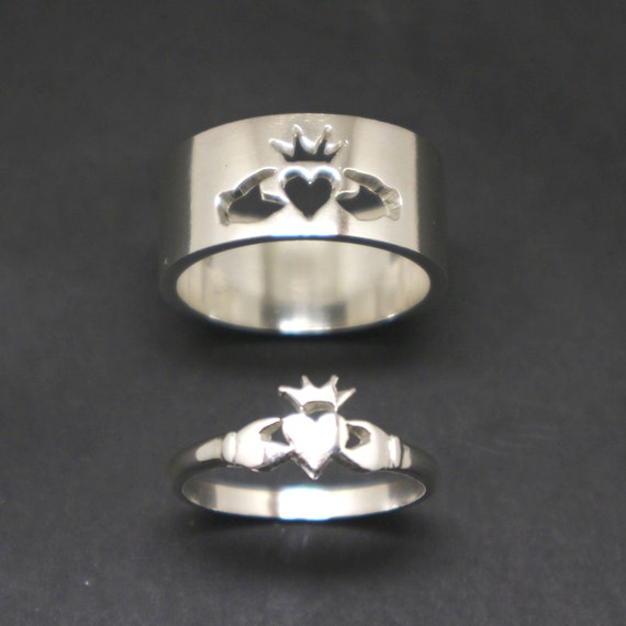Silver Claddagh Promise Ring for Couple - His and Her Matching Stacking Ring, Alternative Engagement Wedding Ring