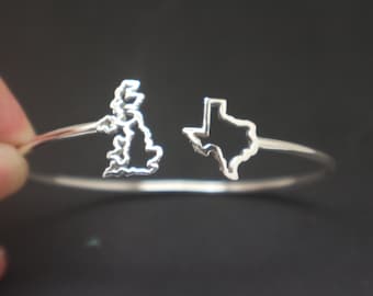 Silver United Kingdom to Texas Bracelet - Personalized Country to Country Map Bracelet,Long Distance Friendship Best Friend, Girlfriend Gift