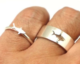 Sterling Silver Shark Ring Set for 2: Personalized Custom Name for Boyfriend Girlfriend