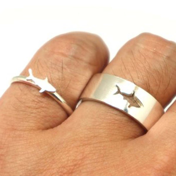 Sterling Silver Shark Ring for 2 Set - Shark Jewelry, Shark Lovers Gift, Shark Jewellery, Simple, Delicate, Everyday, Minimalist, Stacking