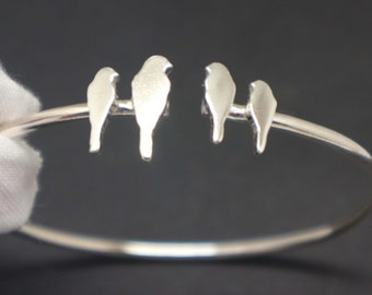 Bracelet jonc oiseau argenté - Bijou mère-fille, bracelet mère et enfant, cadeau pour épouse, mère, grand-mère, sœur, tante
