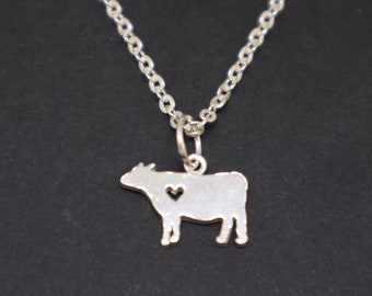 Silver Cow and Heart Necklace Pendant - Cow Jewelry, Cow Pendant, Vegan Necklace, Animal Necklace, Best Friend Friendship Gift,Birthday Gift