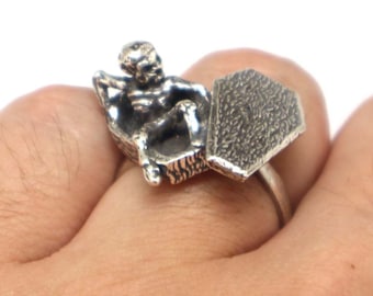 Silver Skull in Coffin Ring - Unique Unisex Statement Ring for Men or Women