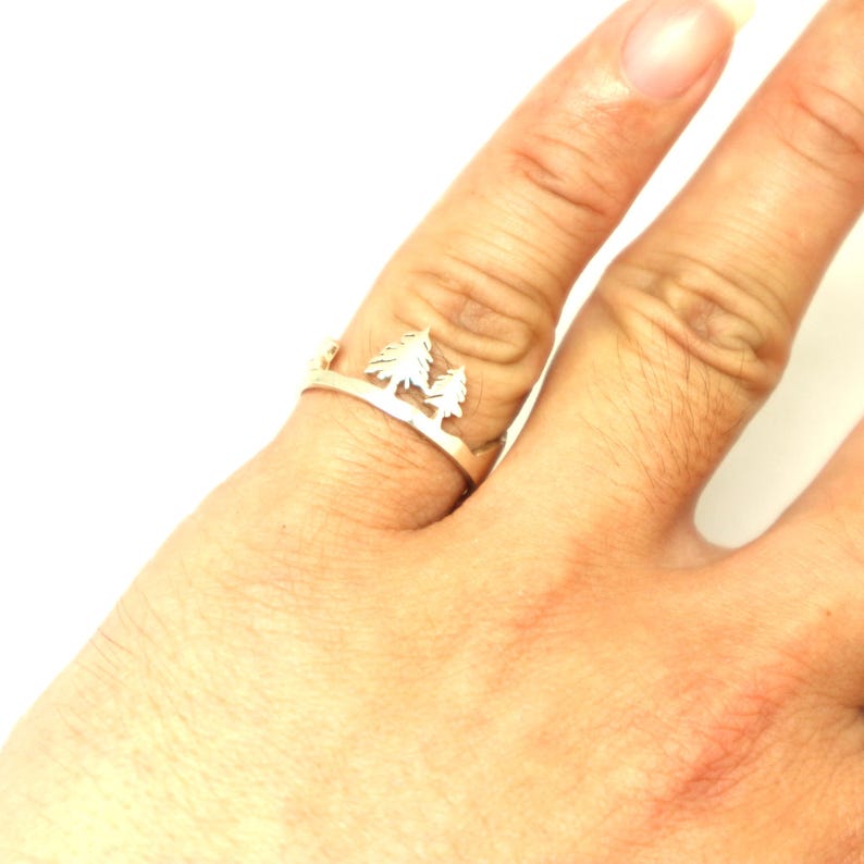 Travel Ring Traveler Unique Outdoor Gift Hiker Silver Bear Mountain Pine Tree Ring Climbers Mother Daughter Bear and cub Jewelry