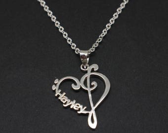 Colar com nome e nota musical personalizado para mulheres - Colar com inicial de clave de sol e clave de fá, presente para músico, professor, pianista, guitarrista