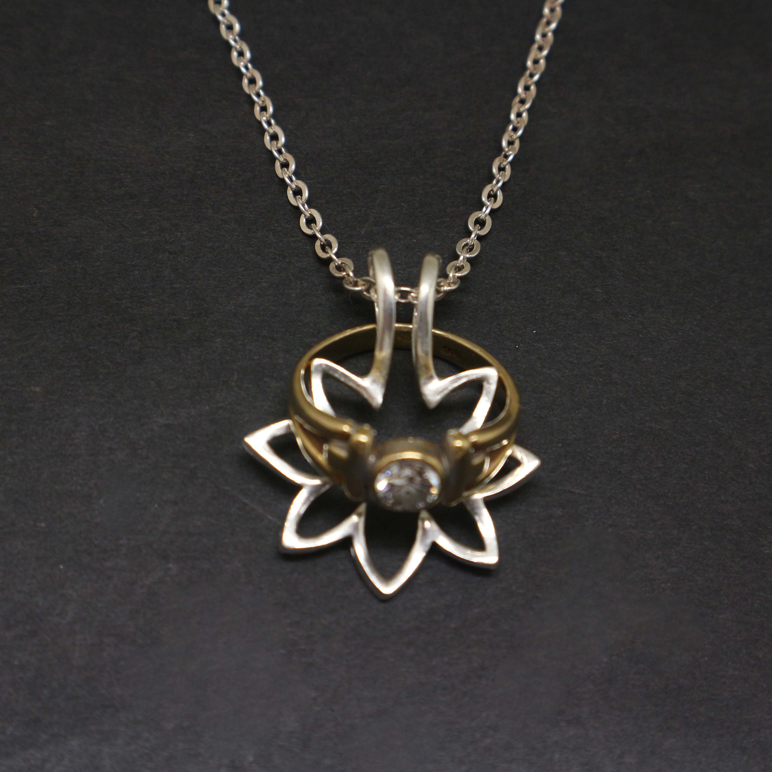All Silver Flower Ring Holder Necklace