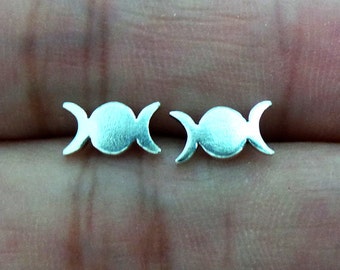 Sterling Silver Triple Moon Goddess Stud Earrings: Wiccan Jewelry