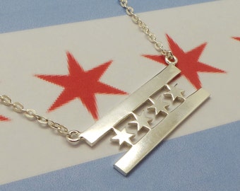 Silver Chicago Flag Necklace - Flag Jewelry - Pride Necklace - Star Necklace - Home Pride Necklace - Best Friend Necklace - Friendship Gift