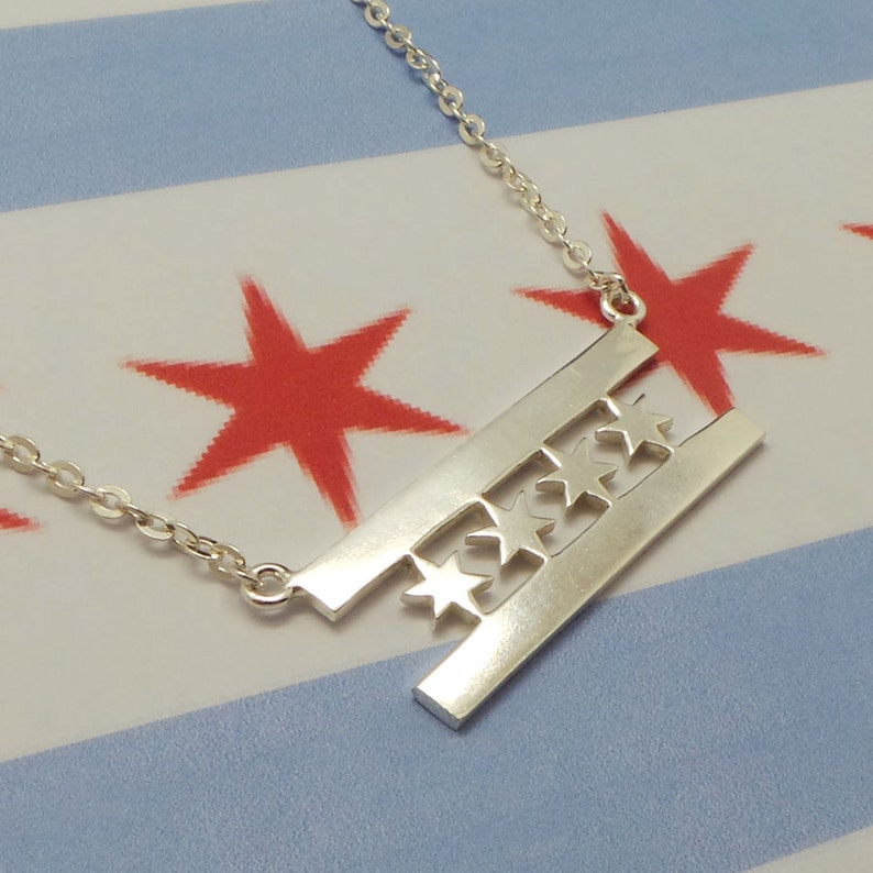 Silver Chicago Flag Necklace - Flag Jewelry - Pride Necklace - S Silver Chicago Flag Necklace - Flag Jewelry - Pride Necklace - S