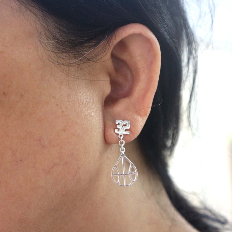 Mother Basketball Jewelry Ear Jacket Gift for Mom Girlfriend Team Couch Gift Silver Basketball and Number Stud Earring