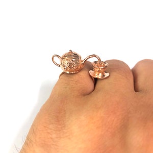 Rose Gold Teapot and Cup Ring - Unisex Teapot Fashion Gifts for Tea Lovers or Coffee Lovers, Mother, Daughter