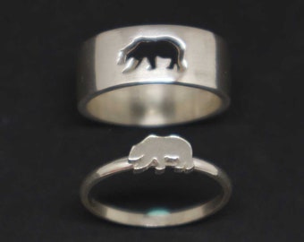 Bear Couple Set Promise Ring - Bear Jewelry, Bear Ring, Alternative Engagement Wedding Matching Ring, Animal Jewelry, Bear Gift, Size 4-14