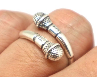Silber Mikrofon Ring - Musik Wrap Ring, Geschenk für Musik Liebhaber, Karaoke Liebhaber, Musiker, Musiklehrer, Sänger, Musik Festival Geschenk