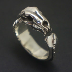 May include: A silver ring featuring a detailed skull design. The ring is open on one side and has a textured band.