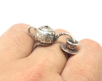 Silber Miniatur Boho Teekanne Ring - Unisex Boho Wasserkocher Teekanne Schmuck
