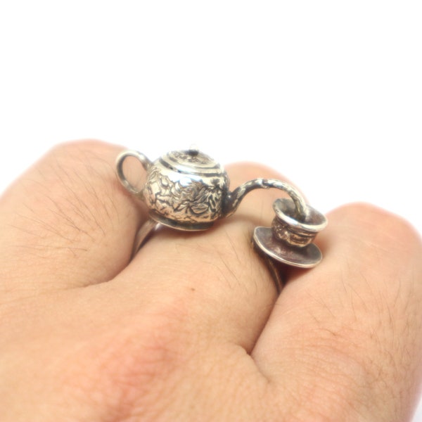 Silver Miniature Boho Teapot Ring - Unisex Bohemian Kettle Teapot Jewelry