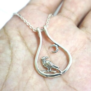 May include: Silver pendant necklace with a raven design inside a teardrop frame, with a crescent moon. The necklace is suspended from a fine chain. The raven is perched on a branch.