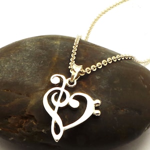Silver Music Note Heart Necklace - Treble Clef and Bass Clef Necklace - Music Note Love Heart Necklace