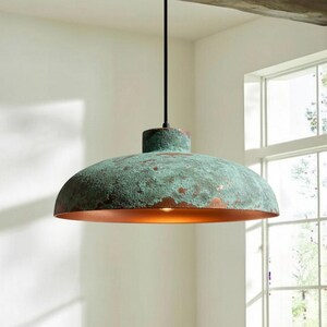 Oxidized Copper Dome Lamp, Green Patina Pendant Light, Handmade Ceiling Light, Rustic Kitchen Island Lighting, Verdigris Copper Fixture