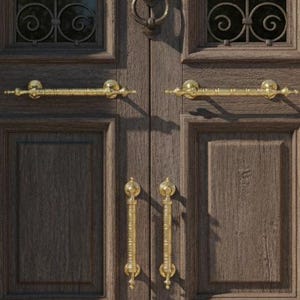 Könnte beinhalten: Eine dunkle Holztür mit goldenen Griffen und einem Türklopfer, flankiert von Steinsäulen und Terrakottatöpfen mit blühenden Pflanzen. Die Tür hat dekorative Schmiedearbeiten in den oberen Paneelen.