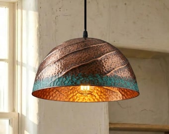 Oxidierte grüne Patina Kupfer Pendelleuchte, handgefertigte marokkanische Kuppel Kronleuchter, rustikale Boho hängende Deckenleuchte für Küche & Esszimmer