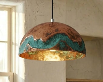 Modern Hammered Copper Pendant Light – Green Patina Dome Hanging Lamp – Rustic Industrial Kitchen Island Fixture