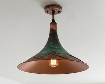 Hammered Copper Ceiling Light, Green Patina Flush Mount Fixture, Rustic Farmhouse Dome Lamp, Handmade Kitchen Lighting