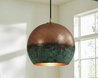 Lámpara colgante de cúpula de cobre hecha a mano, lámpara colgante de cobre con pátina verde, lámpara de techo de cúpula, luminaria de cúpula de cobre, araña rústica