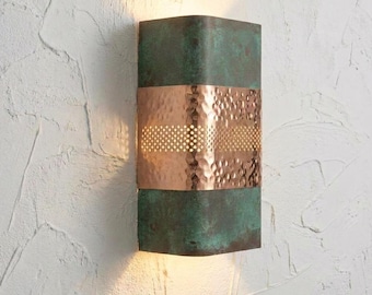 Handcrafted Moroccan Copper Wall Lamp, Rustic Hammered Sconce Light, Oxidized Green Patina Wall Fixture for Home Lighting