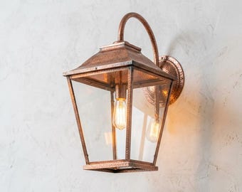 Handmade Copper Wall Lantern, Rustic Outdoor Sconce, Farmhouse Porch Light, Hammered Copper Lantern, Vintage Garden Wall Lighting