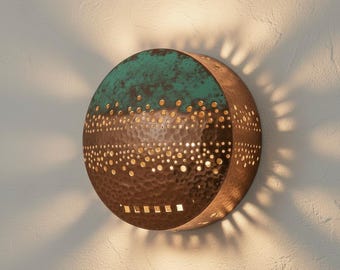 Handmade Hammered Copper Wall Sconce Green Patina – Rustic Modern Wall Light, Industrial Moroccan Copper Lighting Fixture