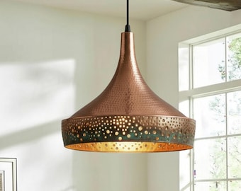 Lámpara colgante moderna de cúpula de cobre con pátina verde, lámpara colgante hecha a mano, lámpara de techo para isla de cocina, iluminación rústica, luz industrial.