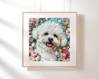 Peut inclure: Tableau encadré d'un chien Bichon Frise blanc souriant, entouré de fleurs colorées roses, oranges et bleues. L'œuvre est réalisée dans un style impasto texturé, donnant un effet tridimensionnel.