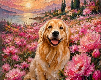 May include: Oil painting of a Golden Retriever dog sitting in a field of pink flowers. The dog has a happy expression, with a sunset and coastal landscape in the background. The sky is a mix of pinks and oranges.