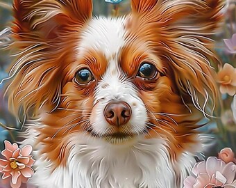 May include: A digital painting of a Papillon dog with long, flowing fur in shades of brown and white. The dog is surrounded by a variety of colorful flowers in shades of pink, blue, and peach, creating a whimsical and artistic composition.