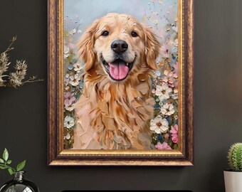 Pode incluir: Pintura emoldurada de um cão Golden Retriever com uma expressão feliz, rodeado por flores. A obra apresenta tons quentes e um estilo impressionista texturizado. A moldura é dourada escura e ornamentada. O texto na parte inferior diz: ADD WARMTH & COLOR TO YOUR SPACE.