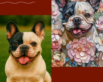 May include: A split image shows a French Bulldog before and after an artistic transformation. The "Before" image shows the dog on green grass. The "After" image depicts the dog in a floral painting with pink, white, and yellow flowers.
