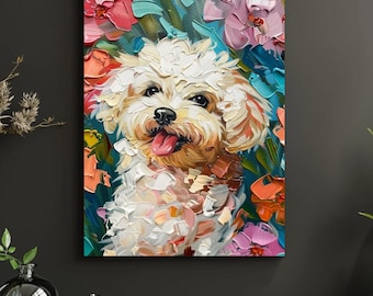 Peut inclure: Peinture à l'huile d'un chien blanc et duveteux avec la langue sortie, entouré de fleurs colorées dans les tons de rose, d'orange et de sarcelle. L'œuvre est signée "BY FLM ATELIER".