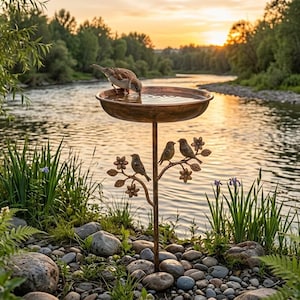 Peut inclure: Un abreuvoir en bronze avec un oiseau buvant de l'eau. Le bain d'oiseaux est soutenu par une tige décorative avec trois oiseaux et des motifs floraux. La scène se déroule près d'une rivière au coucher du soleil.