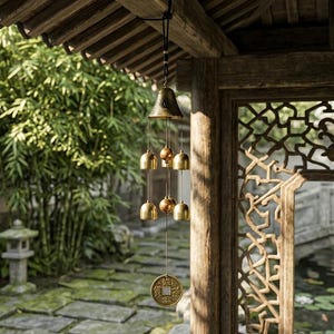 Peut inclure: Scène extérieure sereine d'un jardin asiatique traditionnel avec un chemin en pierre, une végétation luxuriante et une cloche à vent décorative. La cloche à vent comporte plusieurs petites cloches et un charme en forme de pièce, ajoutant une touche d'élégance.