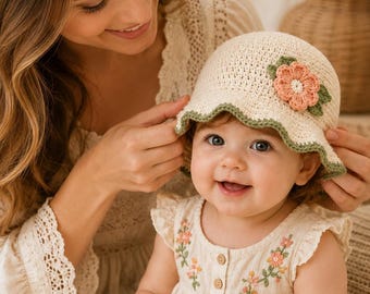 Baby Bucket Hat Crochet Pattern PDF, Floral Toddler Sun Hat Tutorial, Beginner Wavy Brim Summer Hat,  (PDF Download)