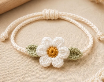 Patrón de pulsera de ganchillo con margaritas en PDF, tutorial de joyería de amistad con una sola flor, pulsera ajustable para principiantes (descarga en PDF).