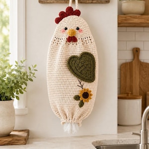 Crochet Chicken Bag Holder Pattern PDF, Farmhouse Grocery Bag Dispenser, Cute Kitchen Organizer, Plastic Bag Saver Crochet(Digital Download)
