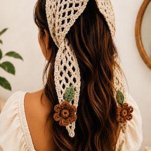 Foulard au crochet, motif PDF, foulard tête de prairie, bandana en dentelle bohème, accessoire floral au crochet cottage (téléchargement PDF)