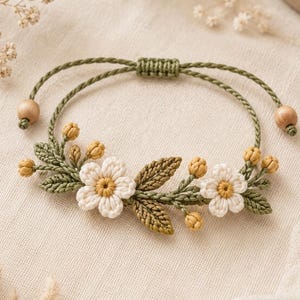 ボヘミアン風かぎ針編みブレスレットの編み図（PDF）、調節可能な花柄ジュエリーのチュートリアル、初心者向けデイジーブレスレット、即時ダウンロード