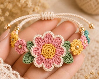 Crochet Flower Bracelet Pattern PDF, Beginner Boho Floral Jewelry Tutorial, Adjustable Friendship Bracelet, (PDF Download)
