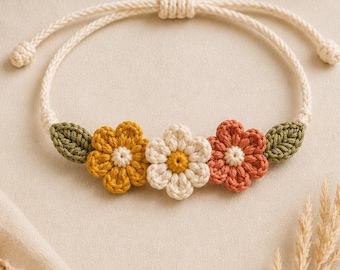 Patrón de pulsera de ganchillo con margaritas en PDF, tutorial de joyería de amistad con flores ajustables, estilo boho para principiantes (descarga instantánea)