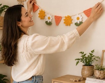 Patrón de guirnalda de flores de ganchillo en PDF, tutorial de guirnalda de margaritas y girasoles, decoración de pared para primavera y verano (descarga en PDF).