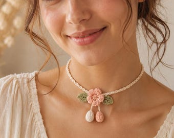 Crochet Flower Choker Pattern PDF, Peach Blossom Necklace Tutorial, Beginner Boho Bridal Jewelry,(PDF Download)