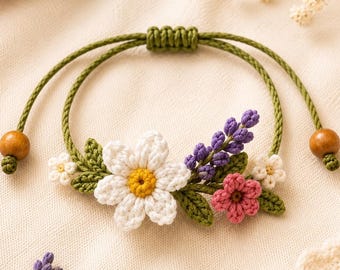 Wildflower Crochet Bracelet Pattern PDF, Adjustable Floral Jewelry Tutorial for Beginners